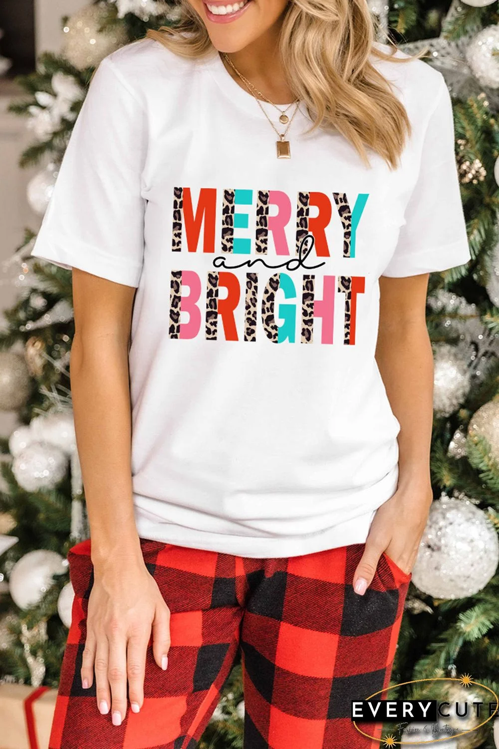 White Merry and Bright Leopard Print Short Sleeve Graphic Tee
