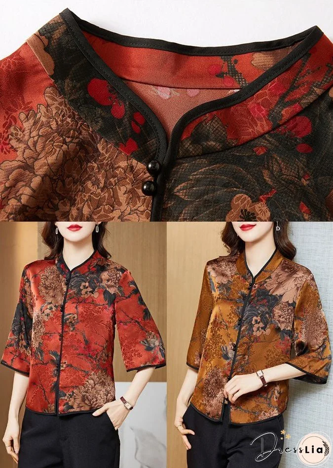 Vintage Red Mandarin Collar Print Silk Shirt Tops Half Sleeve