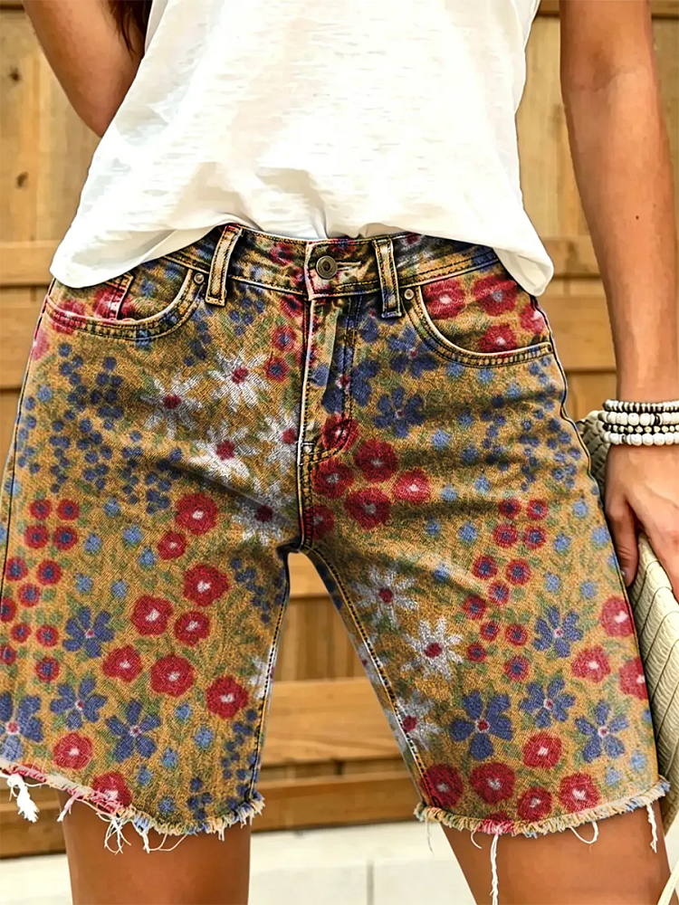 Ethnicity Flowers Women's Art Print Casual Denim Shorts