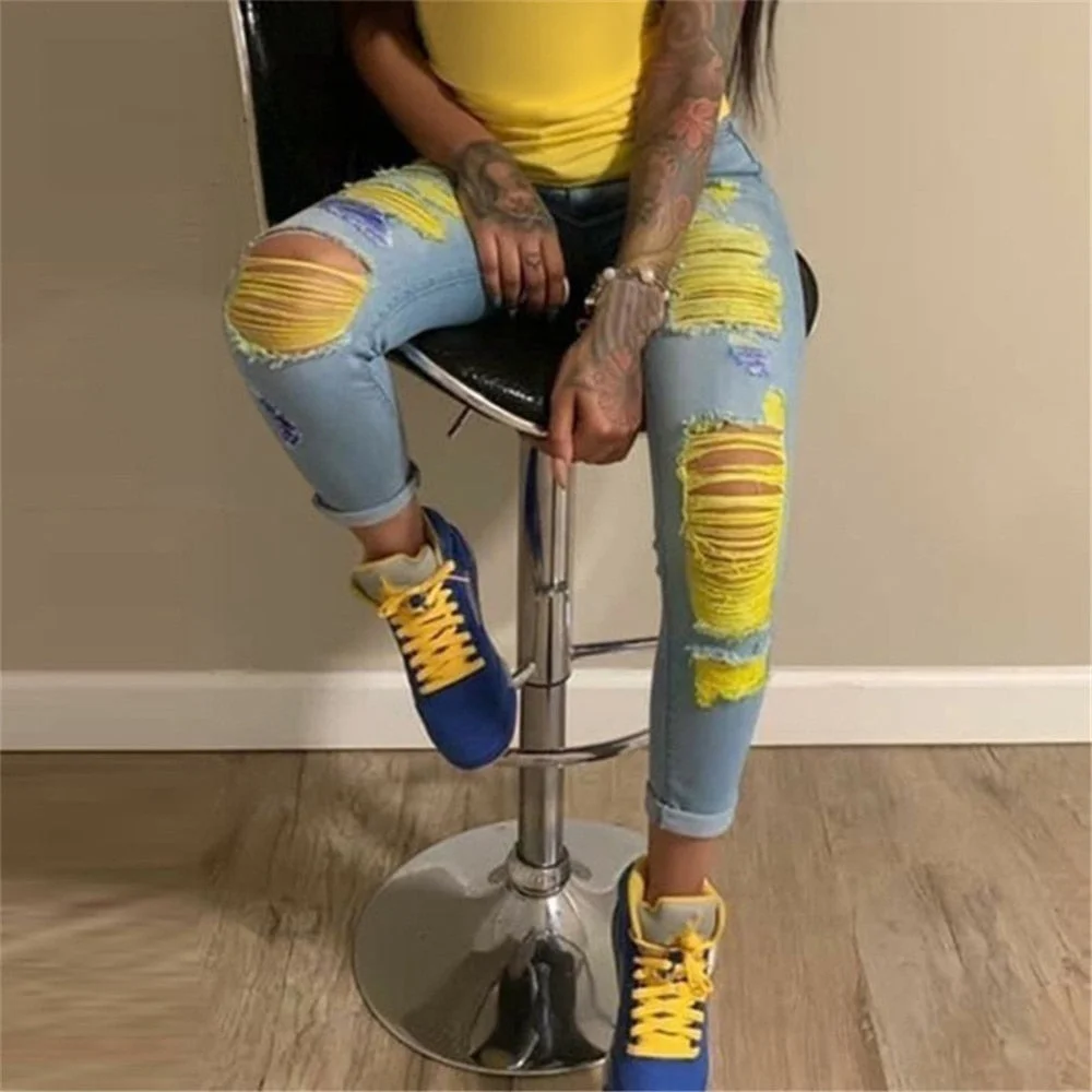 Graduation Gifts  Fashion Ripped Jeans For Women Yellow Scratch Denim Trousers High Waisted Skinny Pencil Pants Hollow out  Female Jean Mujer