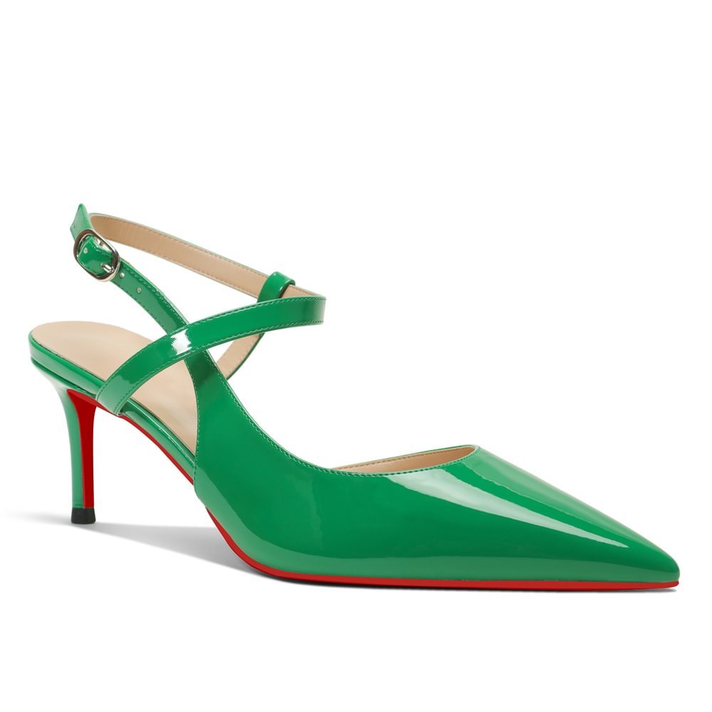 65mm Women Slingback Red Bottom Pumps Ankle Buckle Jenlove Stiletto Mid Heel Close Pointed Toe Dress Red Soles Sandals Shoes-MERUMOTE