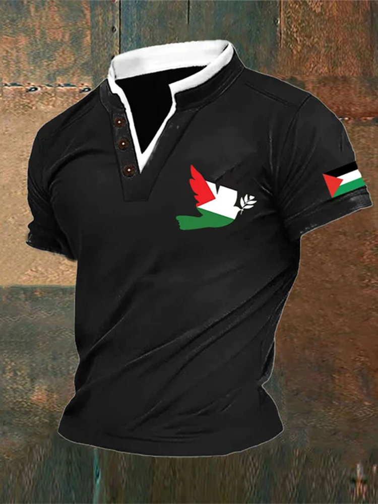 Men's Hot Top Palestine Print Art Casual Stand Collar T-shirt
