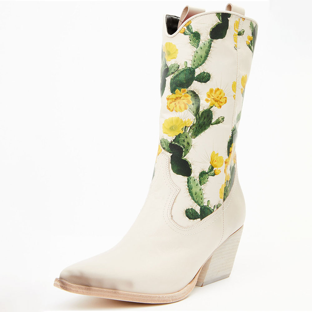White Pointed Toe Cactus Print Heeled Mid-Calf Cowboy Boots for Women