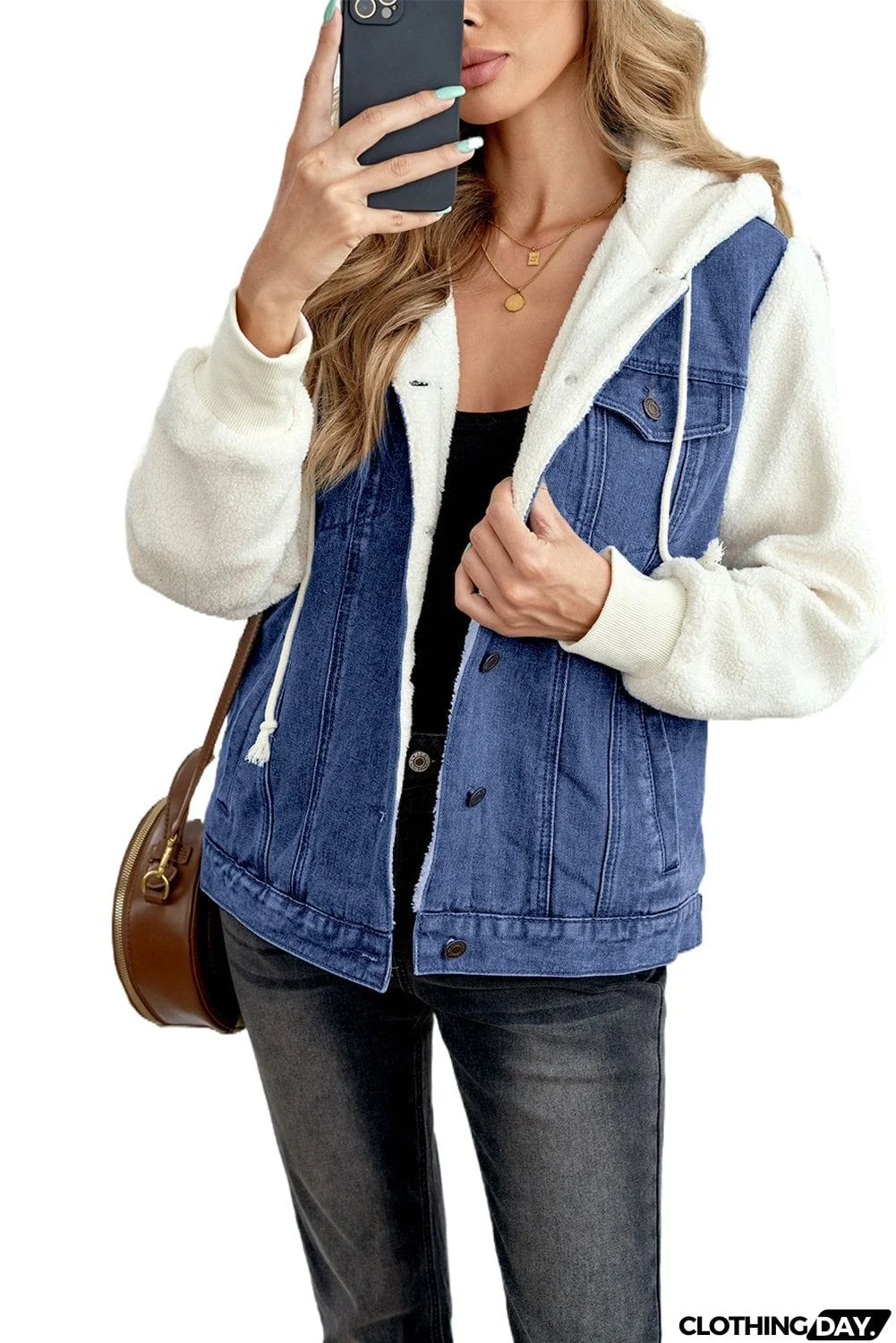 Womens Blue Sherpa Denim Splicing Buttoned Jacket