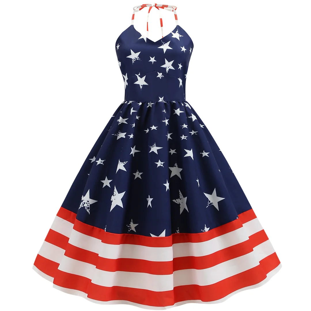 Hepburn Dress V Back American Flag Patchwork 1950s Dress