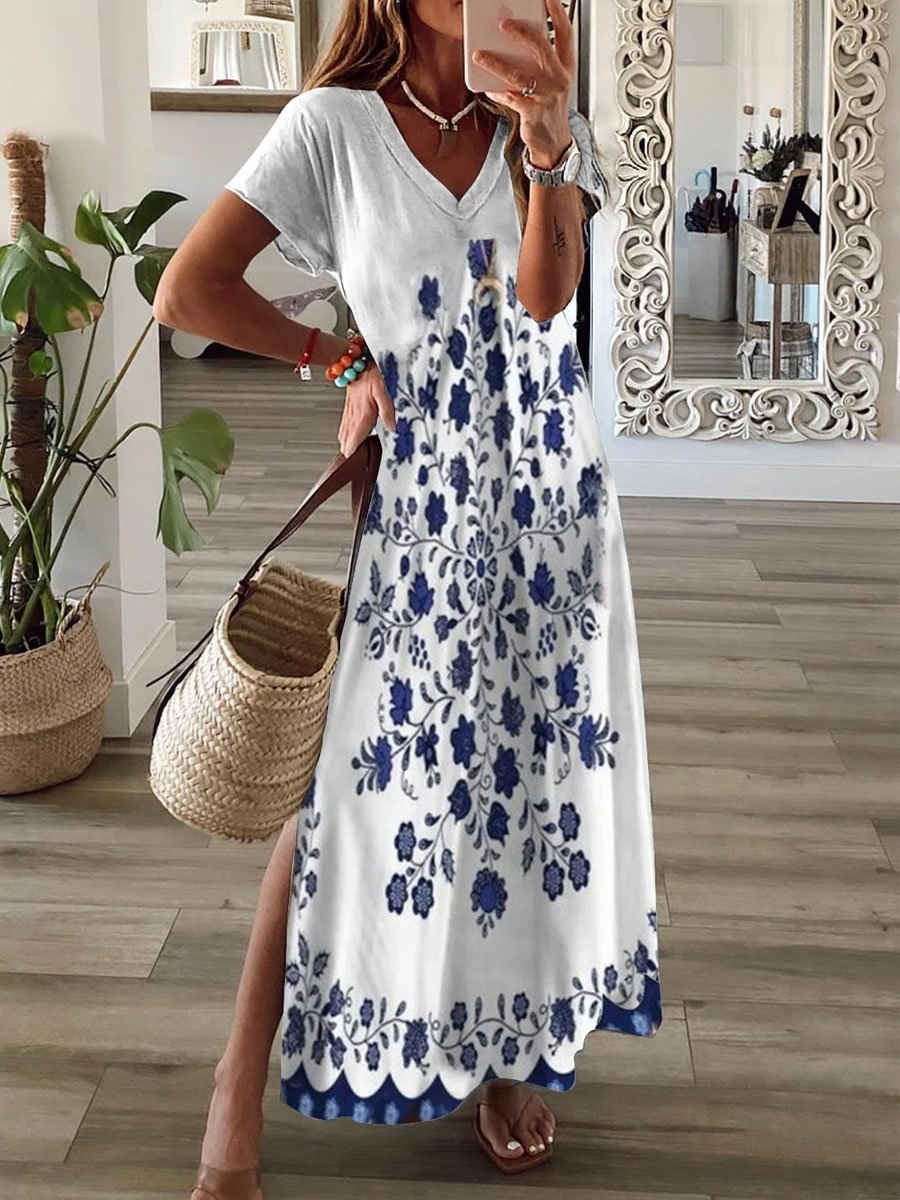 V-neck Casual Loose Floral Print Short Sleeve Maxi Dress