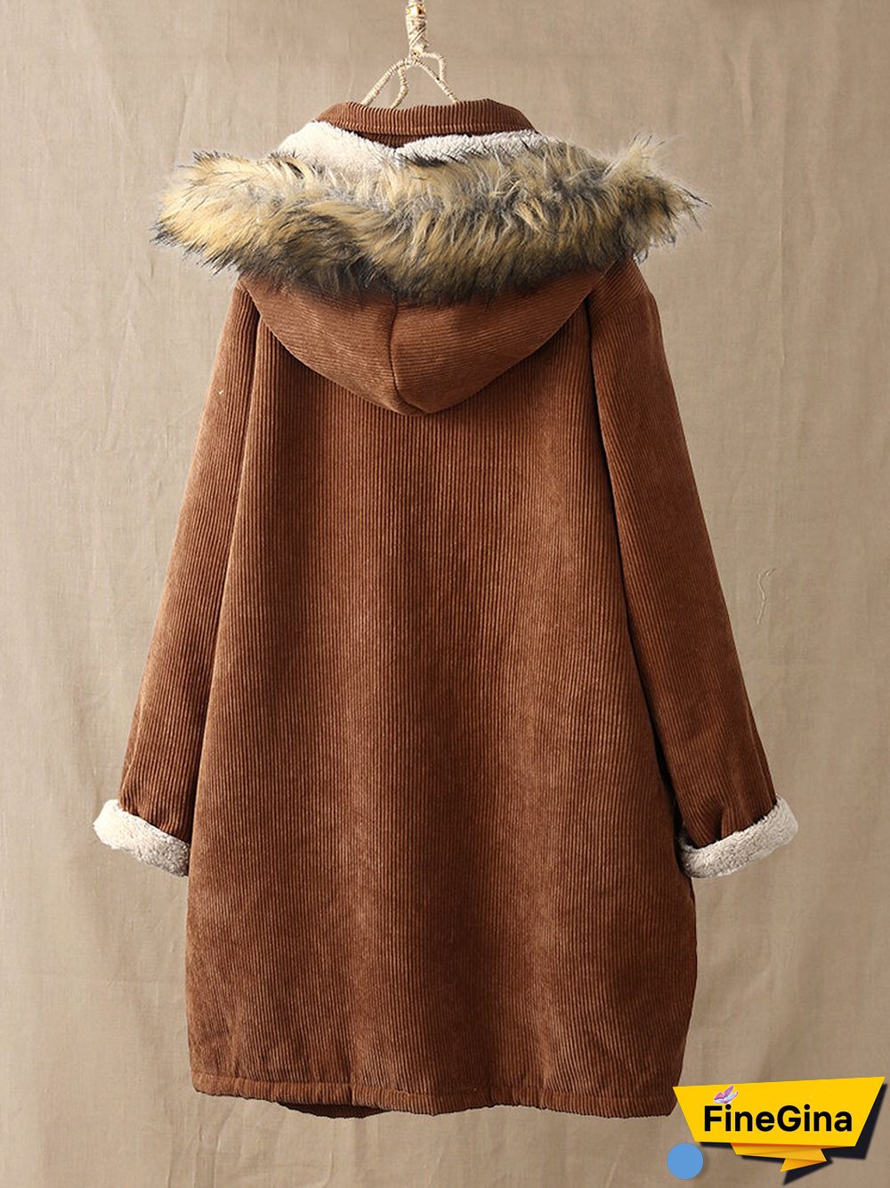 Corduroy Solid Color Plush Hooded Long Sleeve Coat