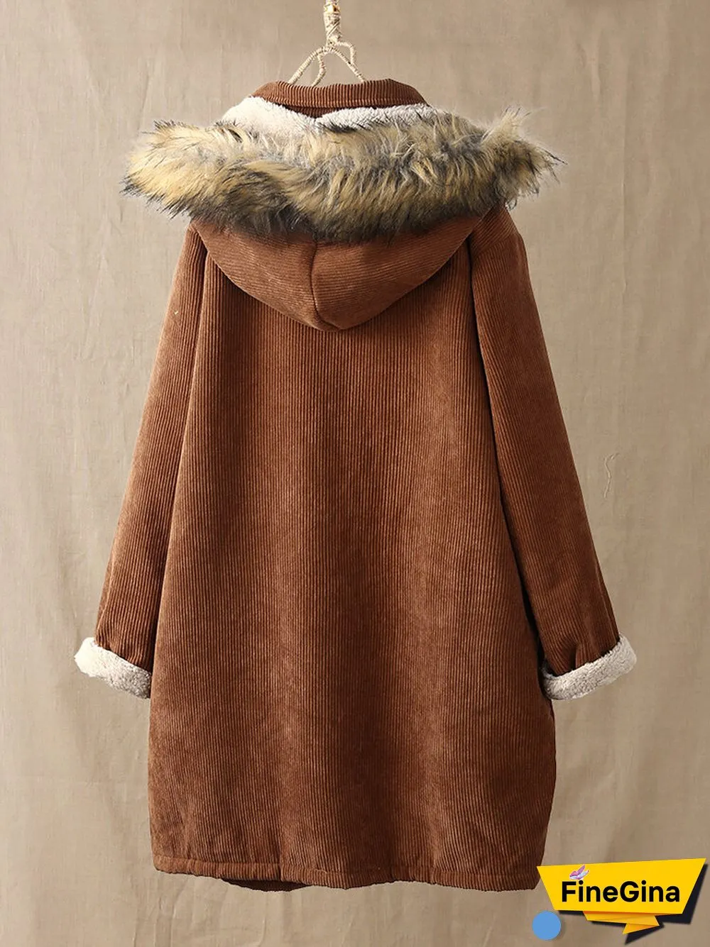 Corduroy Solid Color Plush Hooded Long Sleeve Coat