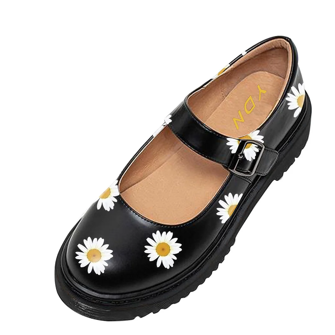 Eye-Catching Floral Vegan Leather Round Toe Comfy Mary Janes in Black 