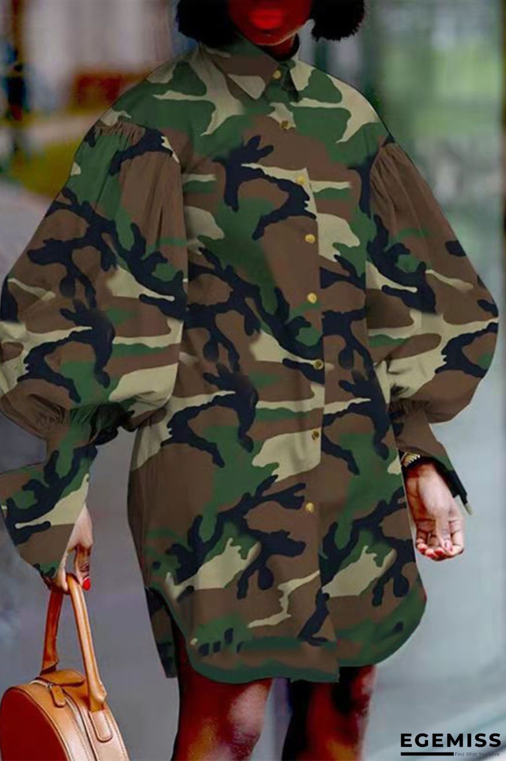Army Green Fashion Casual Camouflage Print Basic Turndown Collar Shirt Dress | EGEMISS