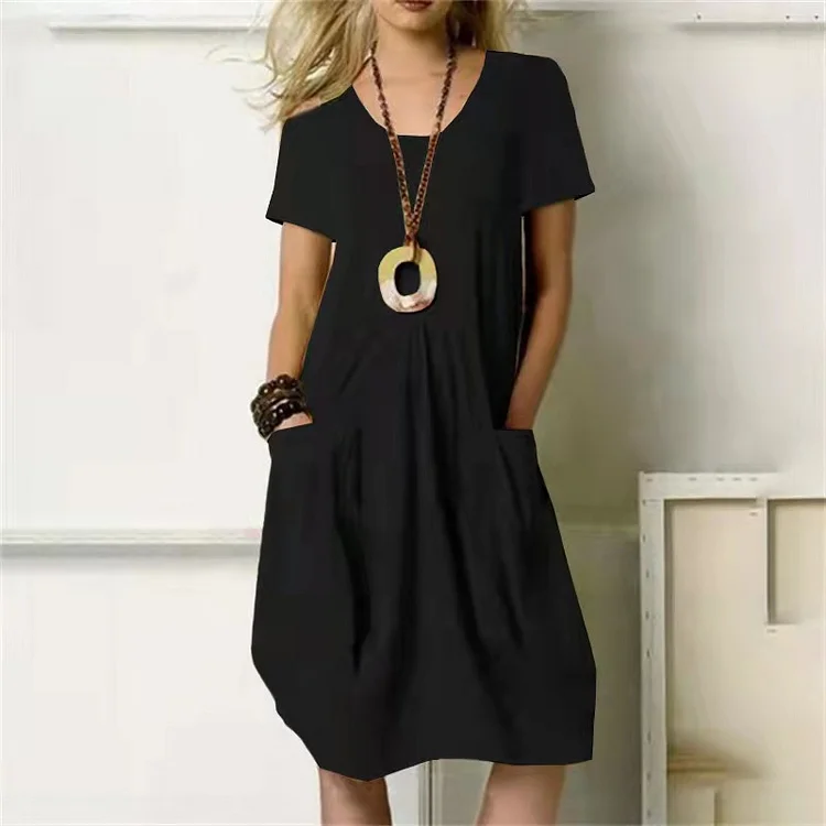 Summer New Hot Sale Solid Color Loose round Neck Short Sleeve Dress