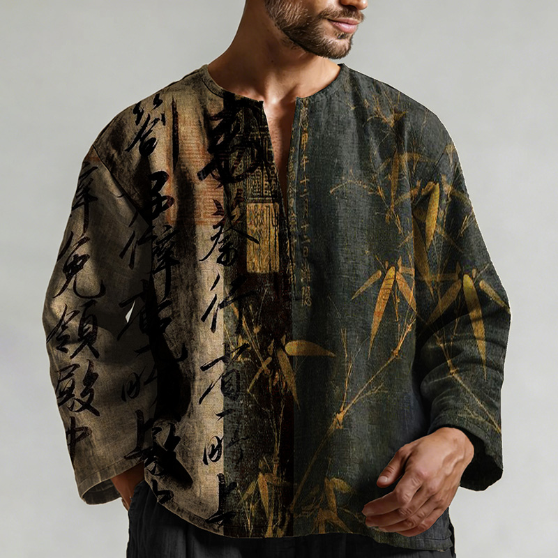 Retro Calligraphy With Bamboo Art Pattern Long Sleeve Linen Shirt  artssus