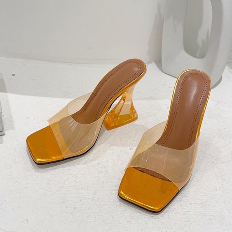 Fashion Clear Heels Slippers Female Mules Slides Summer Transparent Sandals Women Open Toe Orange Red PVC Jelly Shoes Size 35-42