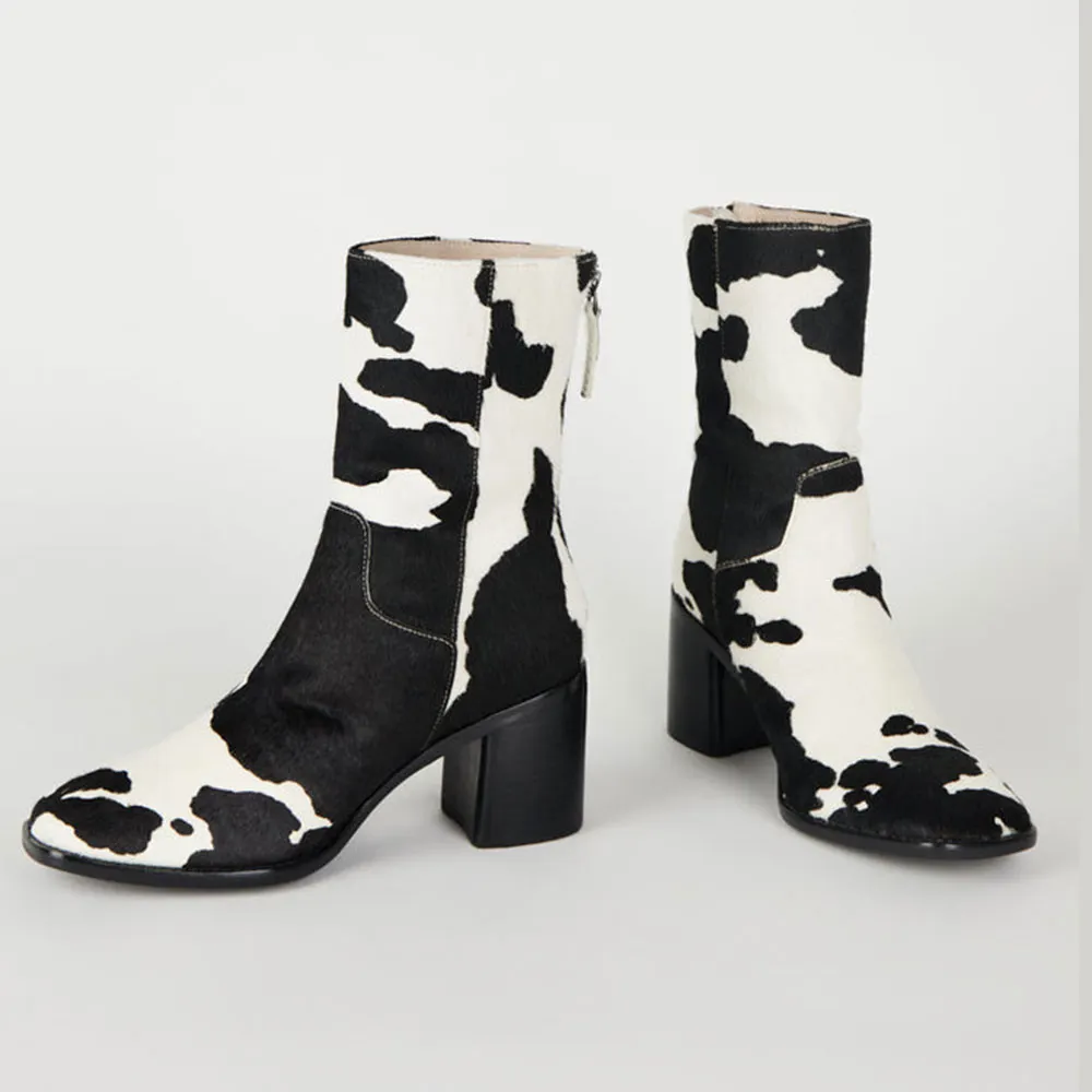 Short Square Toe Block Heel White & Black Fashion Boots for Women