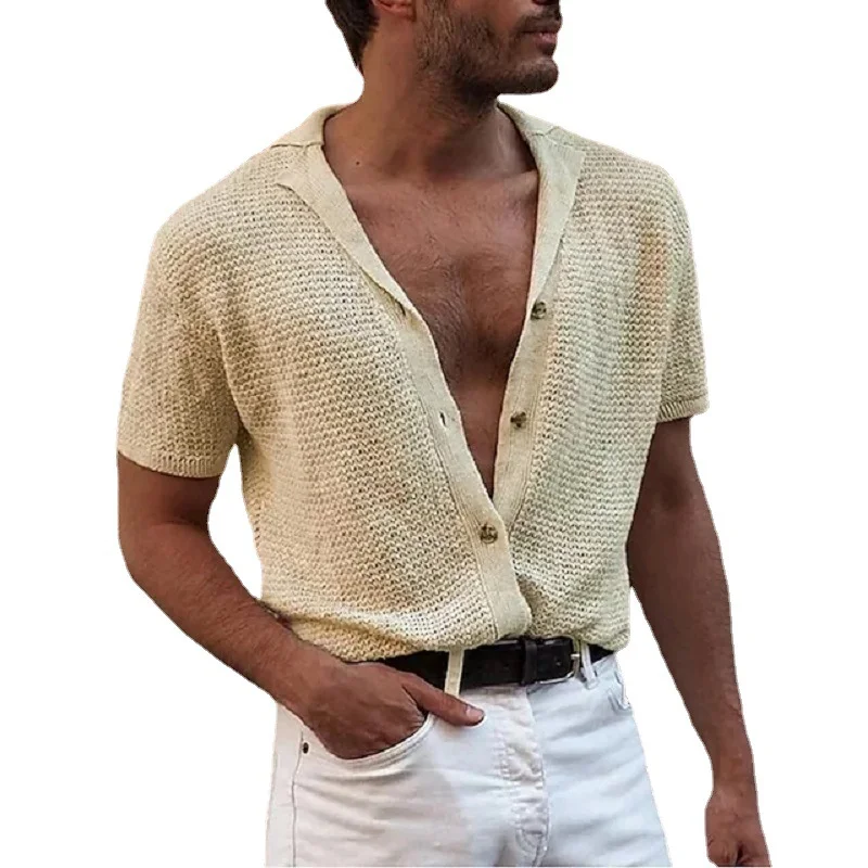 Wongn Wongn Men Casual Short Sleeve Top Knit Single Breasted Gentleman Cardigan Men's Turtleneck Sweater