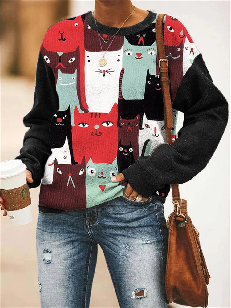 Funny Crowded Cats Art Contrast Color Sweatshirt