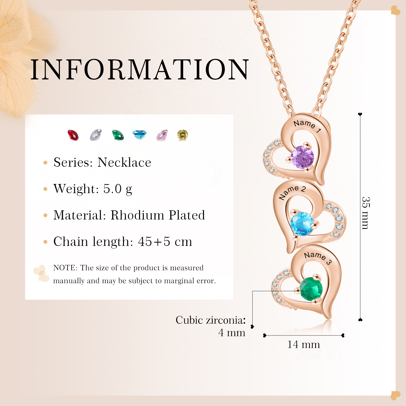 3 Names - Personalised Heart Pendant Necklace Custom Birthstones & Names Necklace Birthday Gift for Her-Jessemade AU