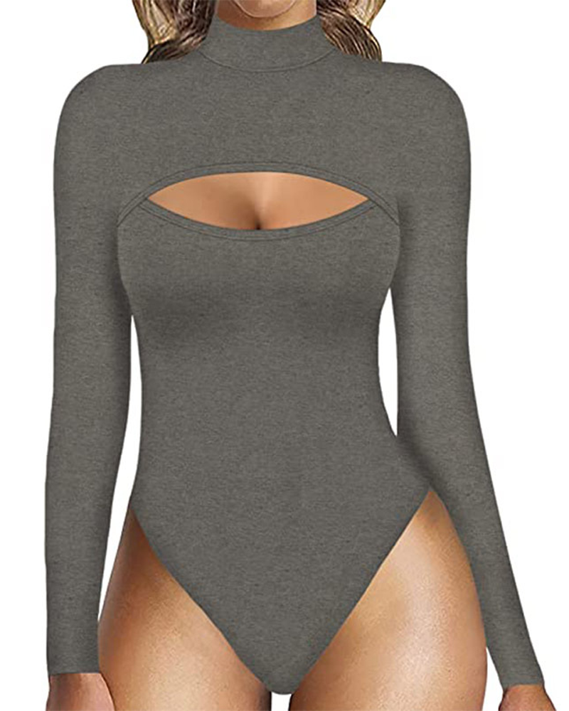 High-Neck Openwork Design Slim-Fitting Long-Sleeved Bodysuit