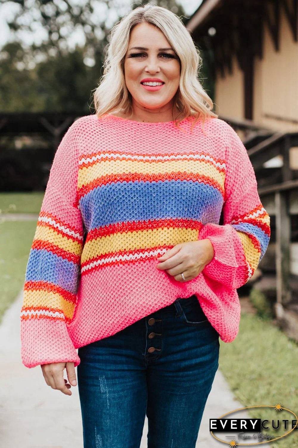 Pink Plus Size Stripe Oversized Sweater