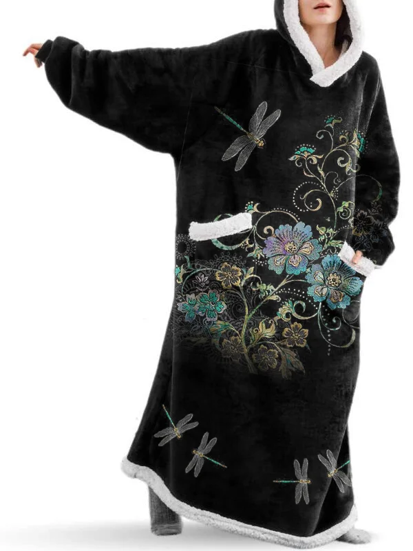 Retro Floral Dragonfly Print Fleece Oversize Blanket Long Hooded Pajamas Hoodie