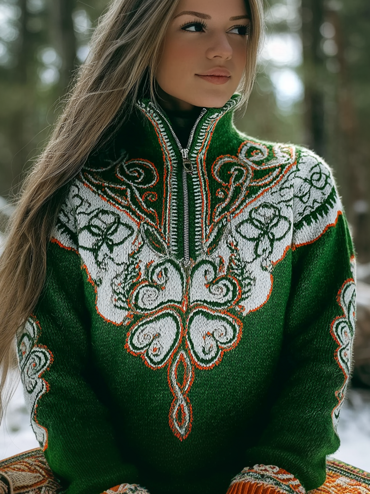 St. Patrick's Day Shamrock Pattern Women's High Neck Half Zipper Sweater wearshes