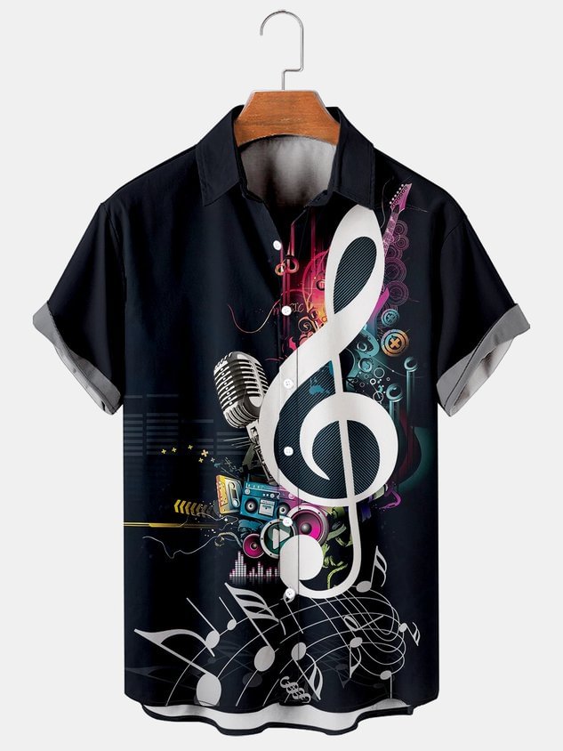 Mens Music Note Microphone Print Casual Breathable Short Sleeve Hawaiian Shirts