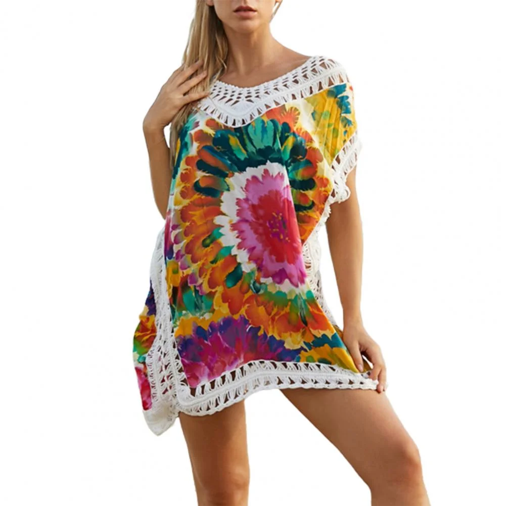 Beach Dress  Breathable Crochet Color Printing Bikini Coverup Beach Dress for Summer