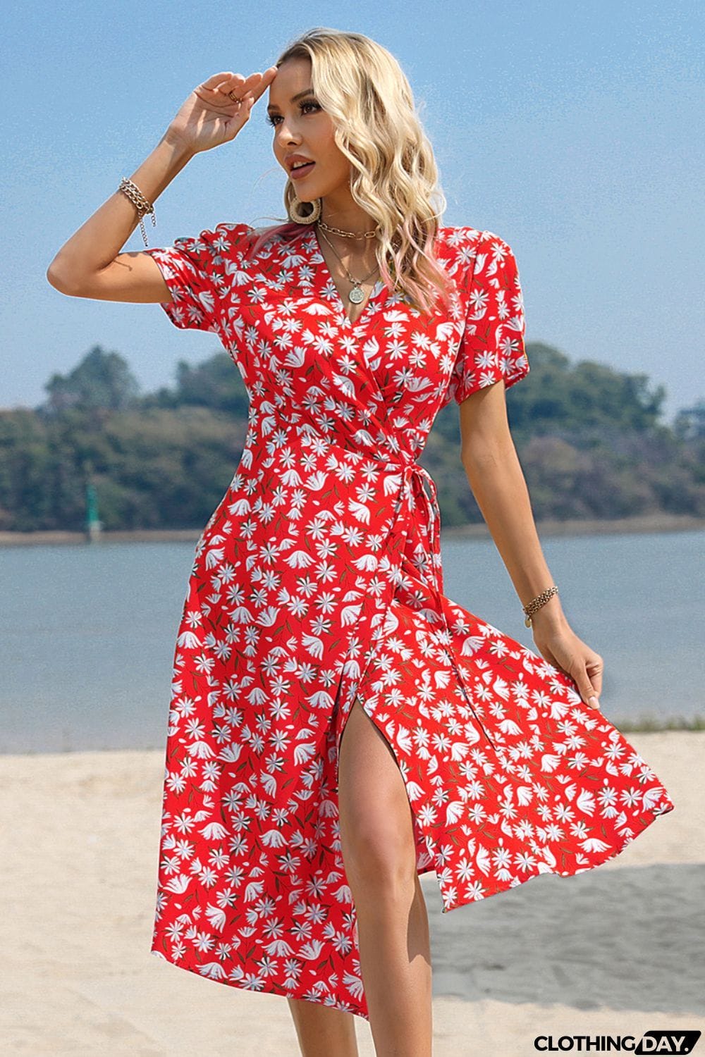 Floral Surplice Neck Short Sleeve Dress