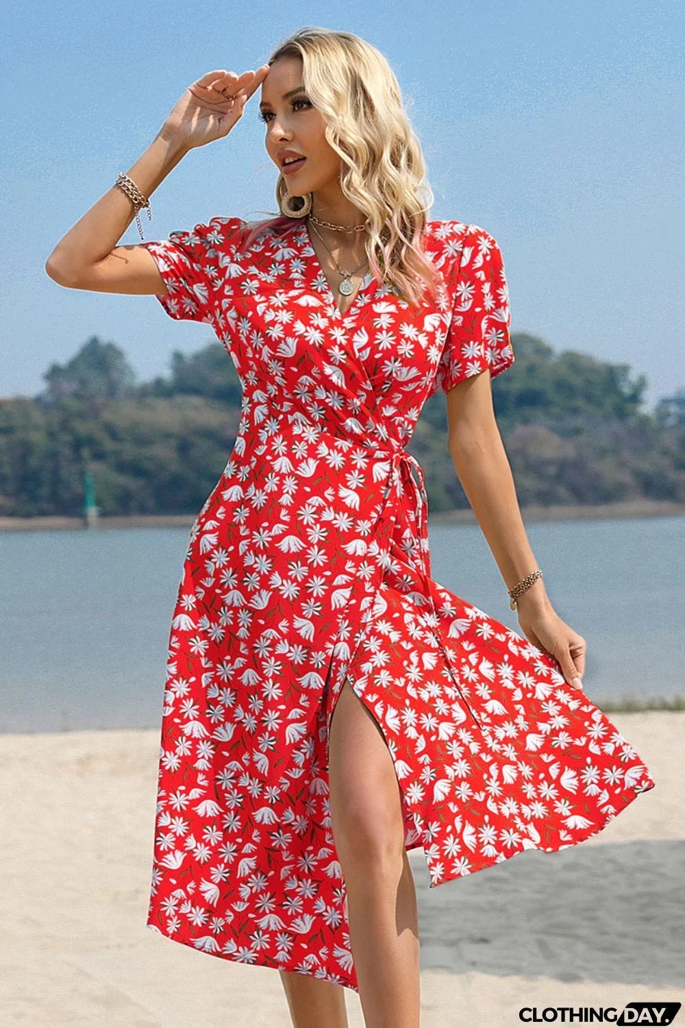 Floral Surplice Neck Short Sleeve Dress