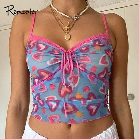 pornhint Pornhint Rapcopter Printed Sweet Camis Blue Lace Frill Crop Top Ruched Cute Tank Top Backless Sleevless Sweat Women Harajuku Tee Top New
