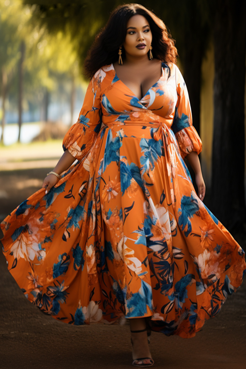 Design Plus Size Vacation Orange Floral Wrap Neck Lantern Sleeve 3/4 Sleeve Maxi Dresses [Pre-Order]