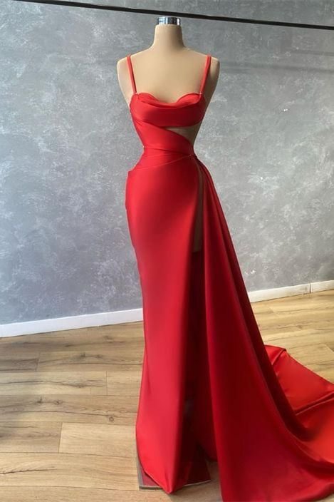Luluslly Red Spaghetti-Straps Mermaid Prom Dress Long with Ruffles