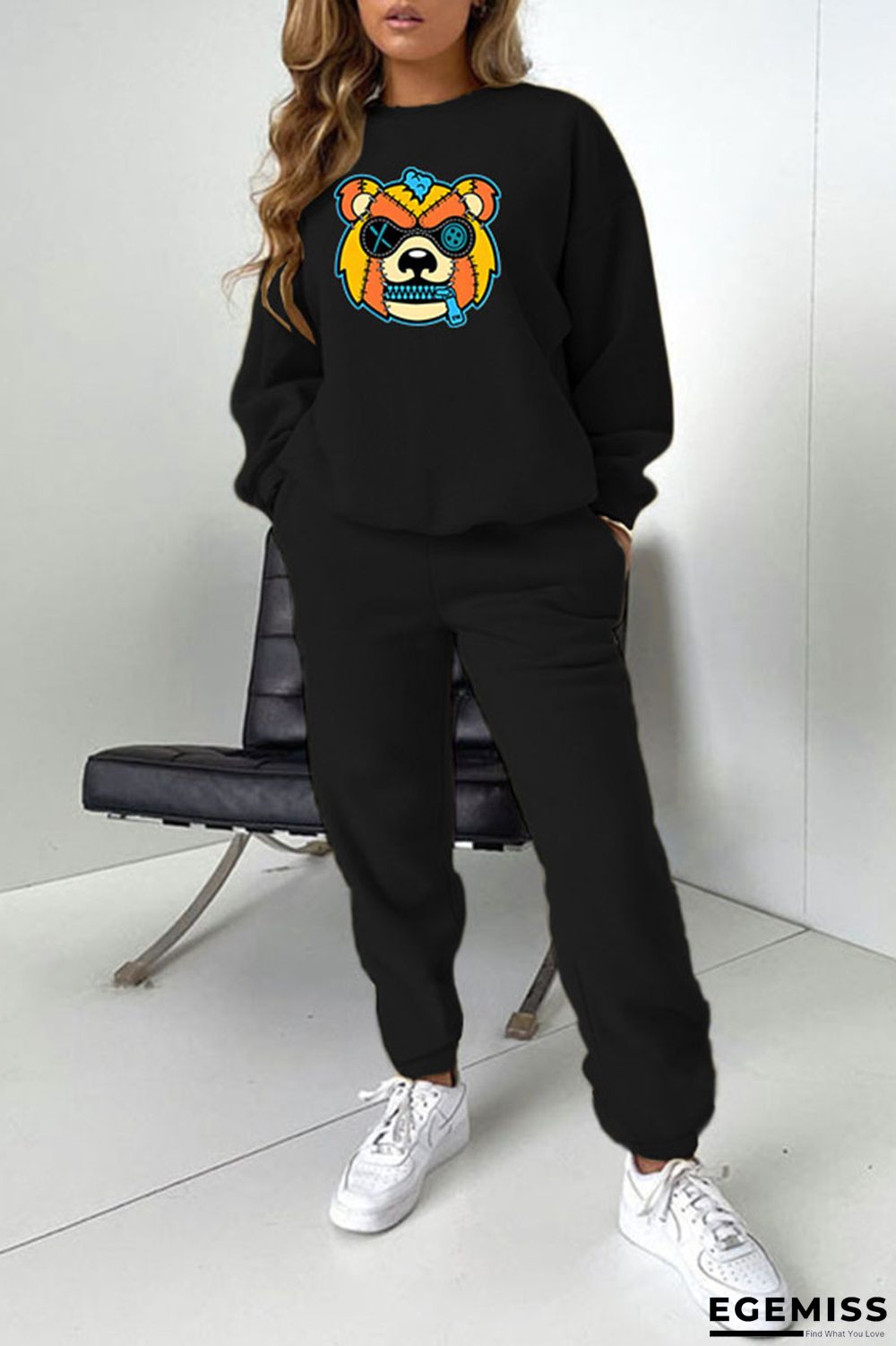 Black Casual Print Patchwork O Neck Long Sleeve Two Pieces | EGEMISS