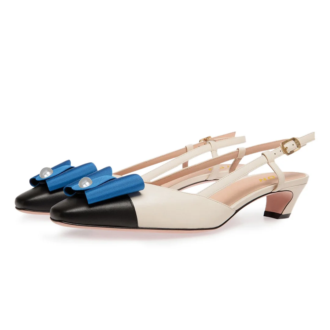 Women's Low Heel Bow Pearl Square Toe Slingback Pumps Shoes in Beige