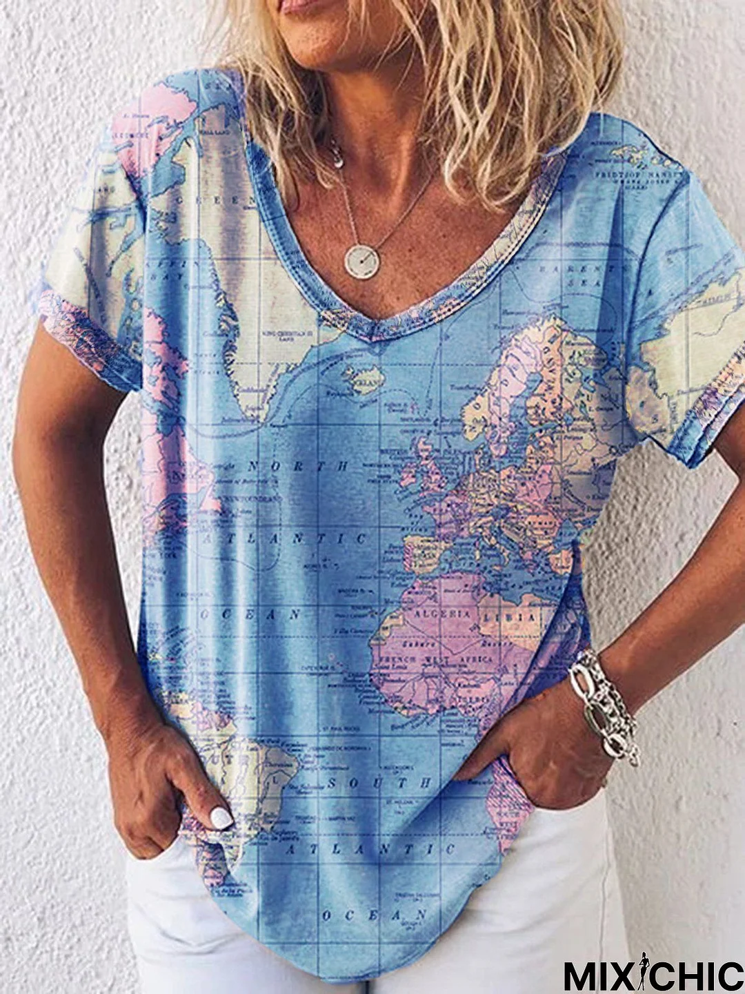 Printed V Neck Cotton Short Sleeve Tunic T-Shirt