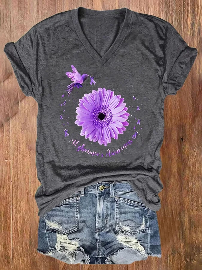 V-neck Alzheimer's Awareness Purple Ribbon Hummingbird Print T-Shirt socialshop