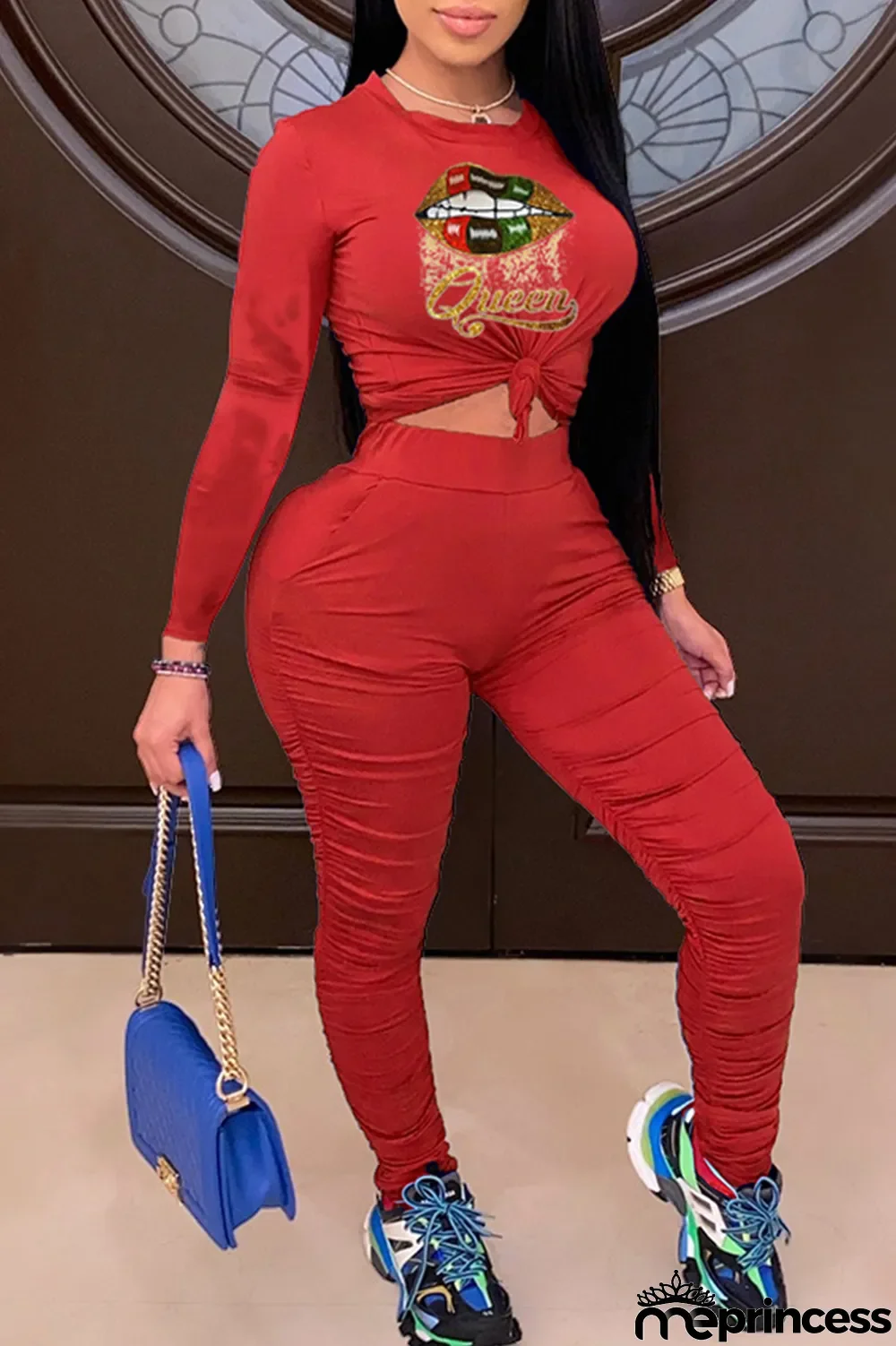 Burgundy Fashion Casual Print Fold O Neck Long Sleeve Two Pieces