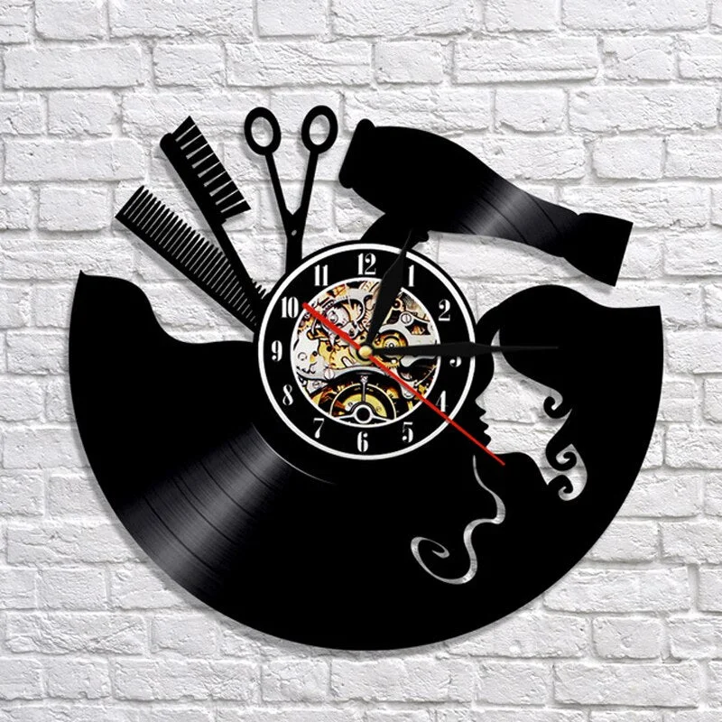 Barber Shop Wall Clock Modern Barbershop Decoration Vinyl Record Wall Clock Hanging Hairdresser Wall Watch for Barber Salon