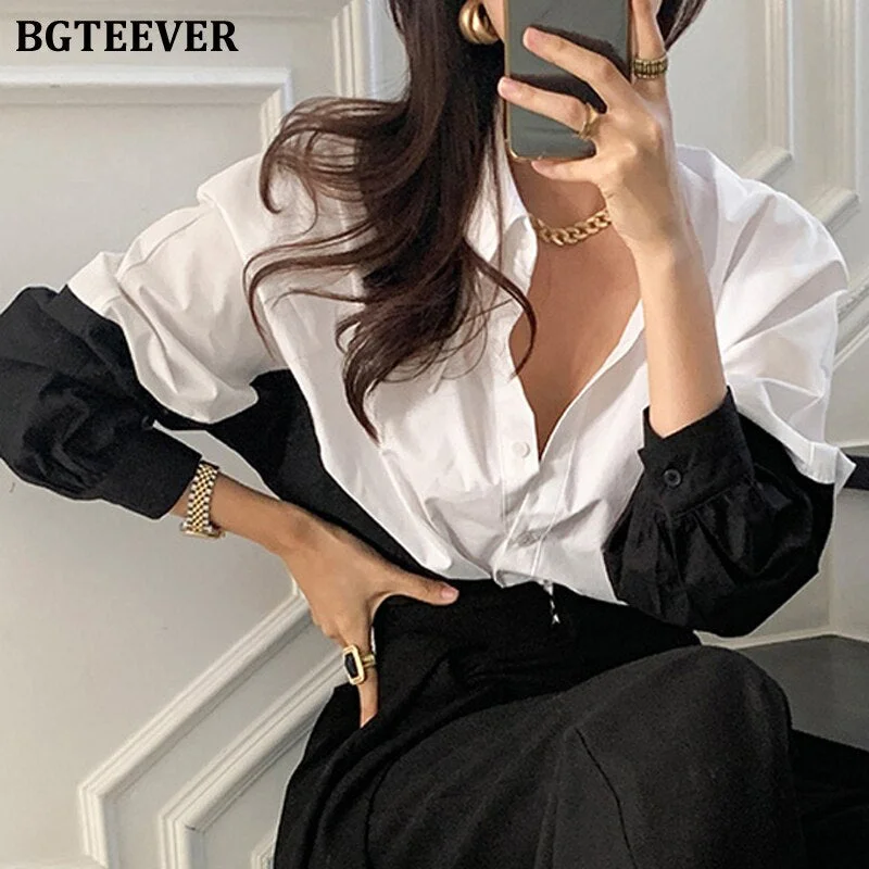 BGTEEVER Chic Turn-down Collar Women Patchwork Shirts Blouse Stylish Single-breasted Loose Female Shirts 2021 Spring Blusas