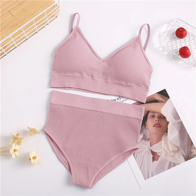 2PCS Women Bra Set Soft Brassiere + High Waist Panties Female Underwear Intimates Lingerie cconjuntos de mujer Tank Crop Tops