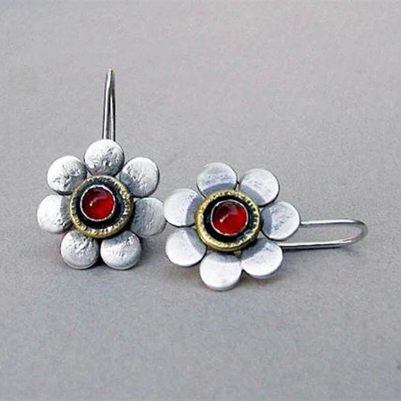 Vintage Silver Color Flower Earrings Ethnic Metal Two Tone Blossom Plant Inlaid Red Zircon Crystal Dangle Earrings for Women