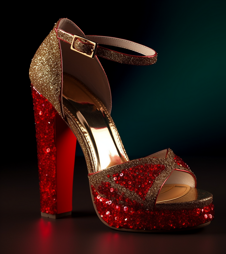 Glitter Red & Gold Opened Toe Ankle Strappy Platform Sandals With Chunky Heels |FSJ Shoes