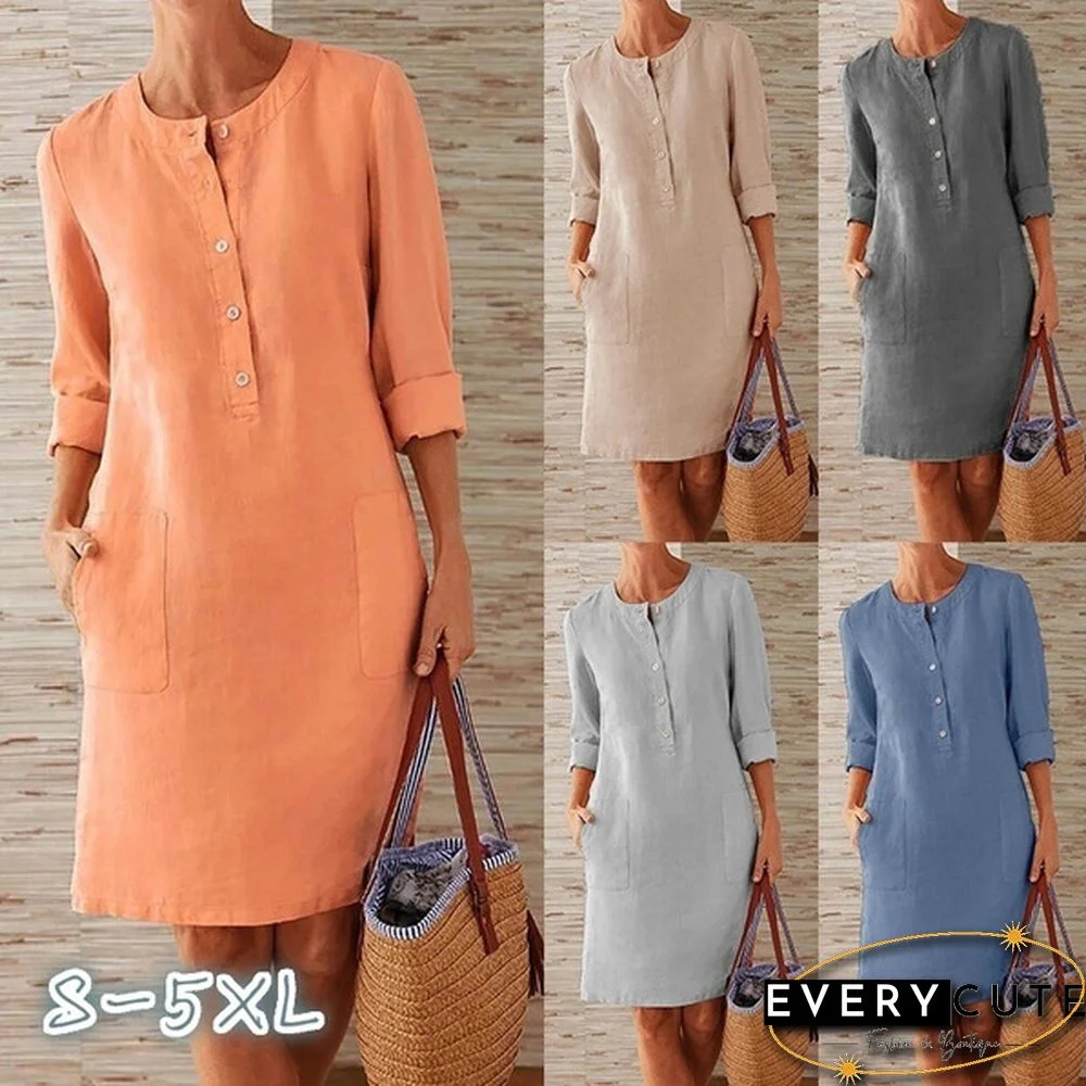 Women Casual Round Neck Dress Cotton And Linen Loose Botton Plus Size Long Sleeve Midi Dress