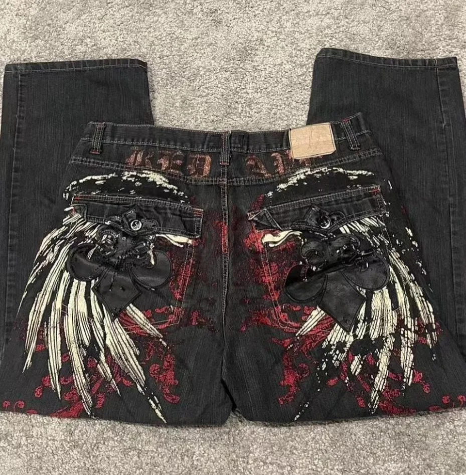 Tomroads Gothic Hip-Hop Retro Cross Pattern Embroidery Washed Blue Jeans Women's Y2K New Harajuku Punk High Waist Slim Pants Street Wear