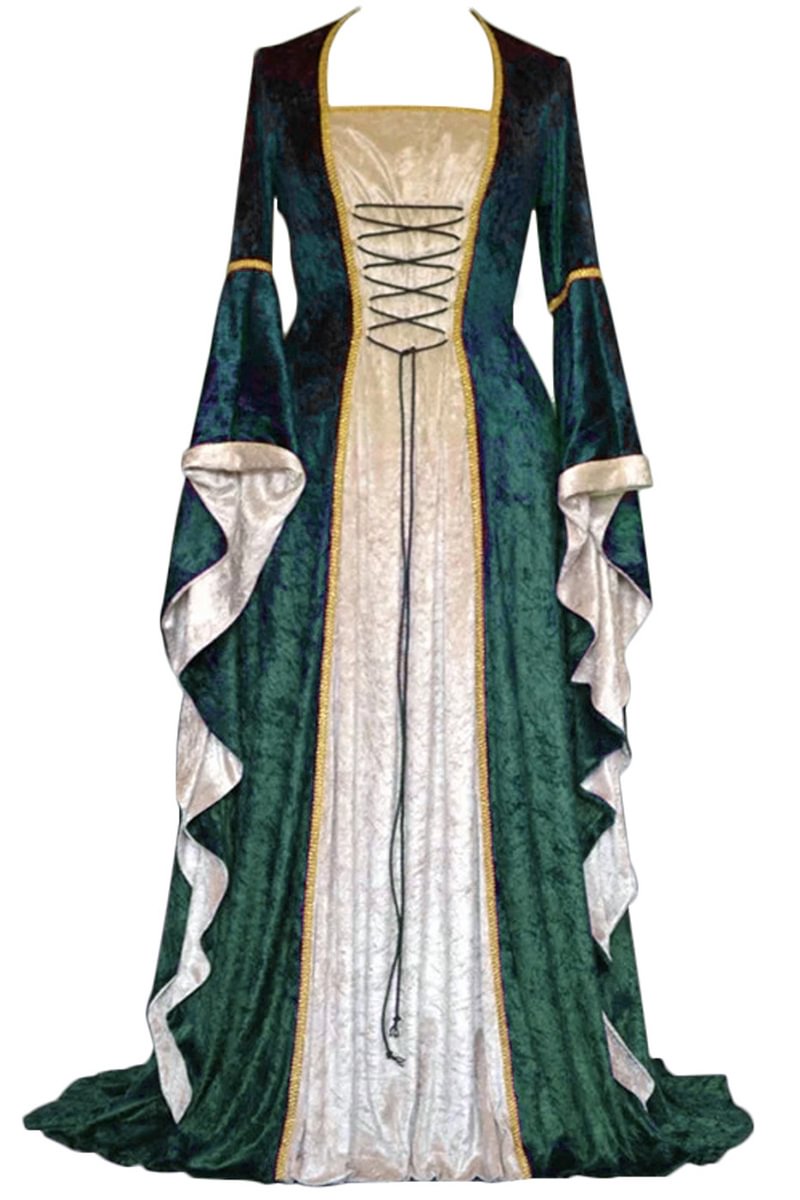 Medieval Retro Green Velvet Flared Sleeves Square Collar Lace Up Maxi Dress