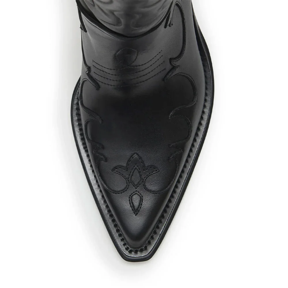 Black Pointed Toe Knee High Cowboy Boots for Women with Stitching