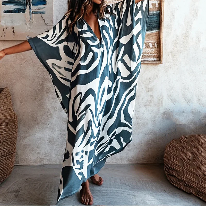Nomad Spirit Ladies' Brushstroke Symphony Art  Blue Color Linen V-neck Long Kaftan