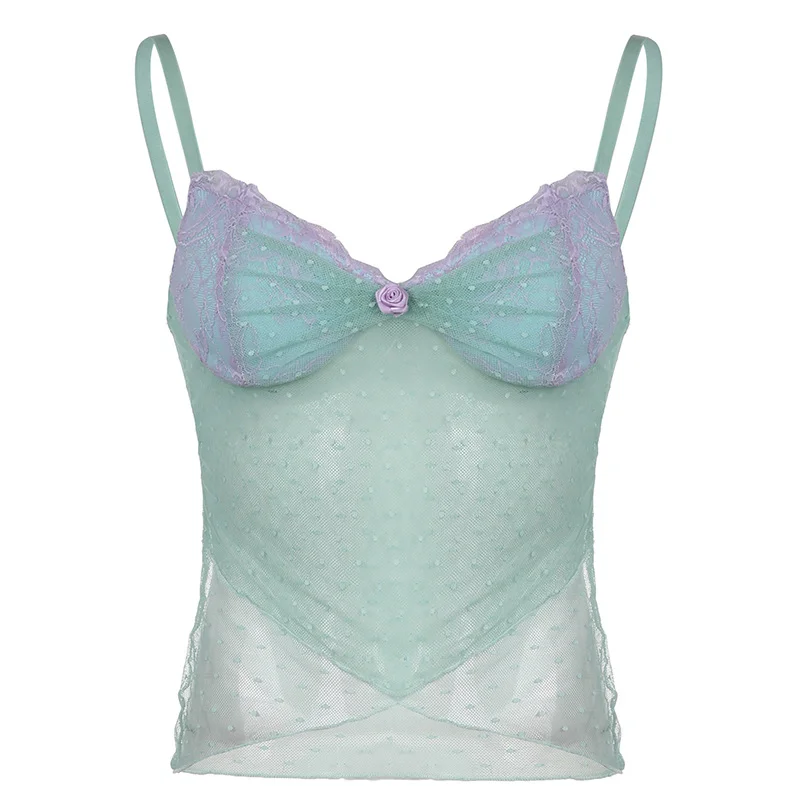 Ueong Spring New Product Hit Color Floret Screen Wave Point Perspective Sexy Cross Hem Small Sling Vest