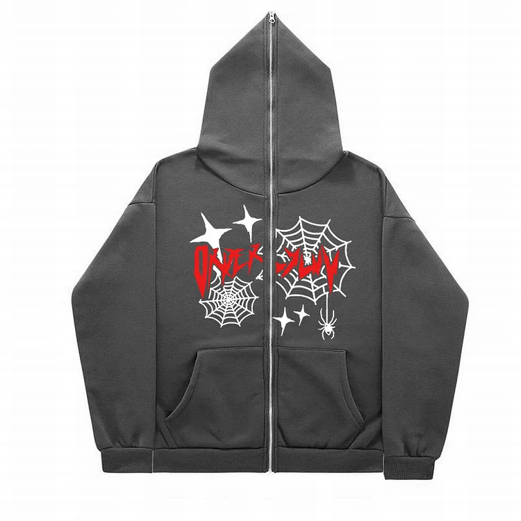 Spider Web Print Full Zip Hoodie Zip Up Hoodie Retro Y2k Top at Hiphopee