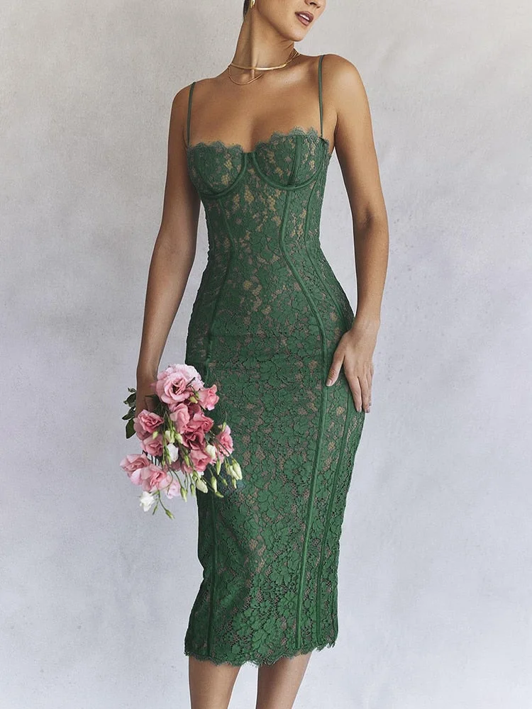 Peneran Midi Lace Green Dress Elegant Sexy Night Wedding Guest Evening Party Dresses Spaghetti Strap Birthday Dresses for Women 2022